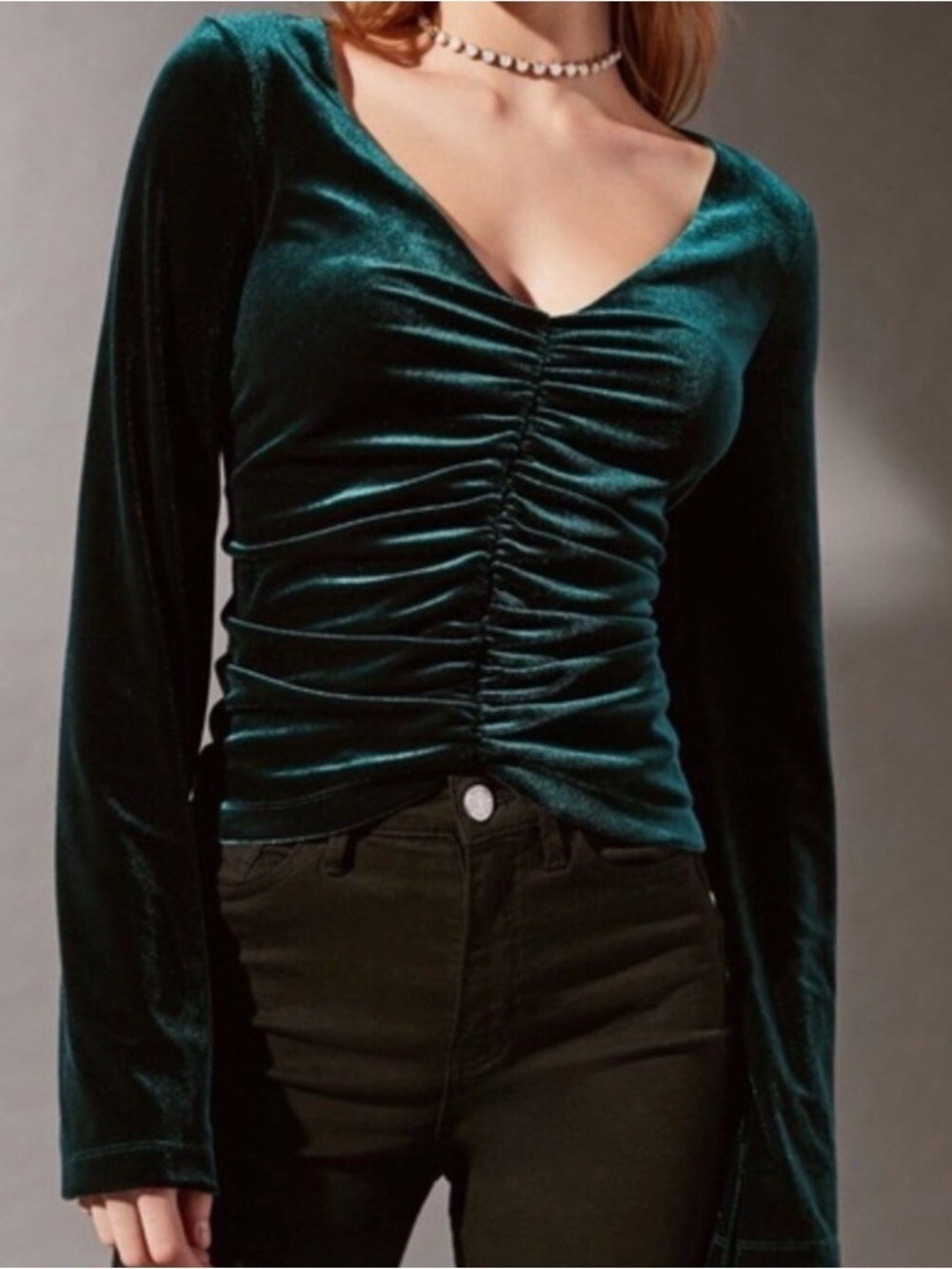 Urban Outfitters Y2K Whimsigoth Emerald Green Velvet Ruched Top Sz. XS GothFairy